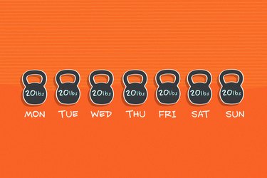 illustration of 7 20-pound kettlebells for every day of the week on orange background