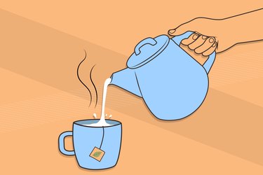 custom image of hand pouring hot water into a mug with a teabag in it.