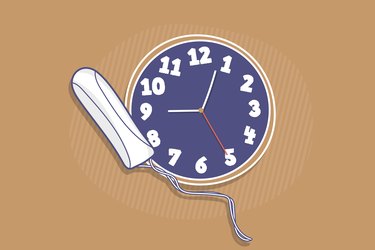 Illustration of a tampon and a clock, representing how long you can wear a tampon