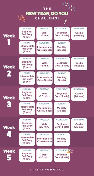 a purple rectangular calendar graphic for the new year do you challenge listing the workout for each day, including a beginner full-body workout, a walk, a beginner core workout, cardio, an intermediate full-body workout, an intermediate core workout, and a mobility workout throughout January
